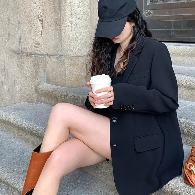 Autumn Winter Black Blazers for Women Fashion Streetwear Single-Breasted Small Suit Jacket Casual Loose Long Sleeve Outerwear