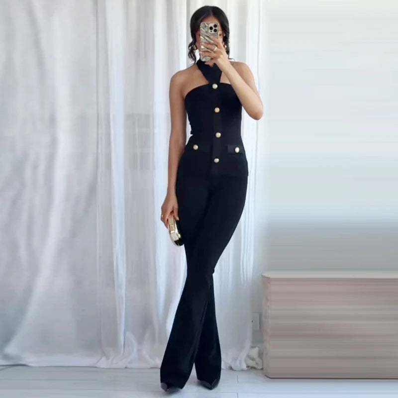 HXAO Black Flared Pant Sets Women's Two Pieces Set Button Halter Corset Top 2 Pieces Set Outfit High Waist Elastic Trousers Sets