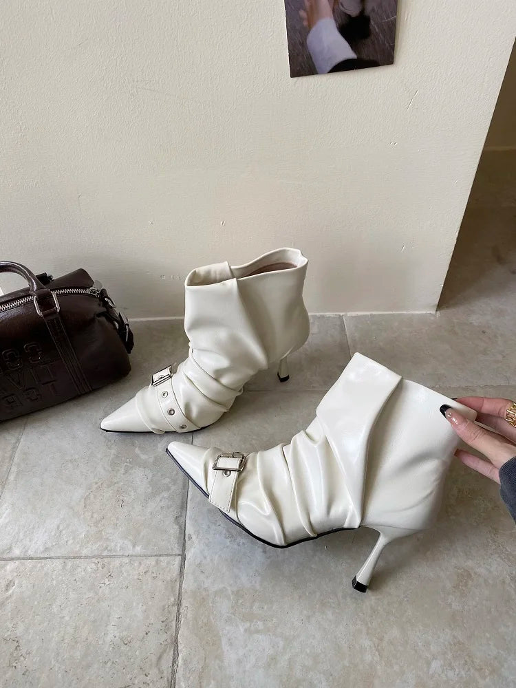 Aneikeh Spring Autumn Short Booties Sexy Thin High Heels Pointed Toe Women Ankle Boots Designer Belt Buckle Pleated Shoes