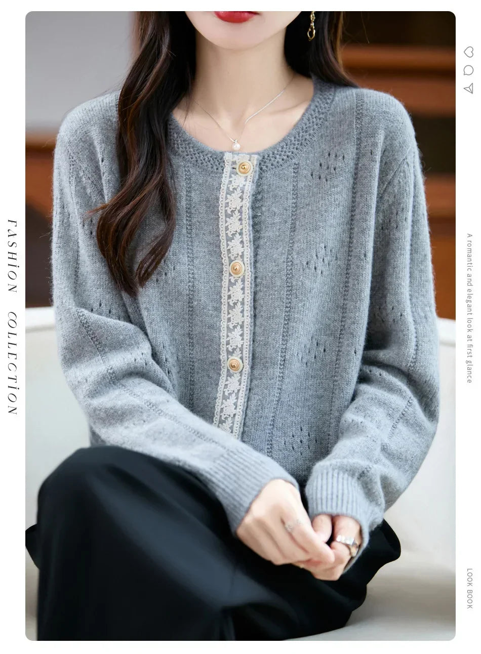 Slimming Soft Lace Splice Knitted Base Shirt French Design Sensation Knitted Open Cardigan Fashionable Anti-Aging Outerwear