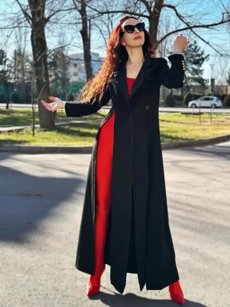 Missuoo Women's Black Extra-long Blazer Coat Lapel V-neck Long Sleeves Split-side Elegant Outerwears 2025 Fall New