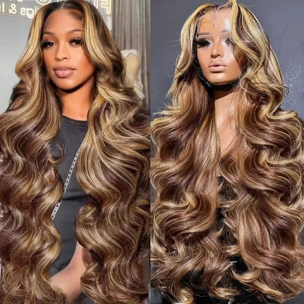 P4/27 Highlight Ombre Brown Body Wave 13x6 Human Hair Wig Honey Blonde Colored 13x4 HD Lace PrePlucked 40 46 Inch Wigs For Women