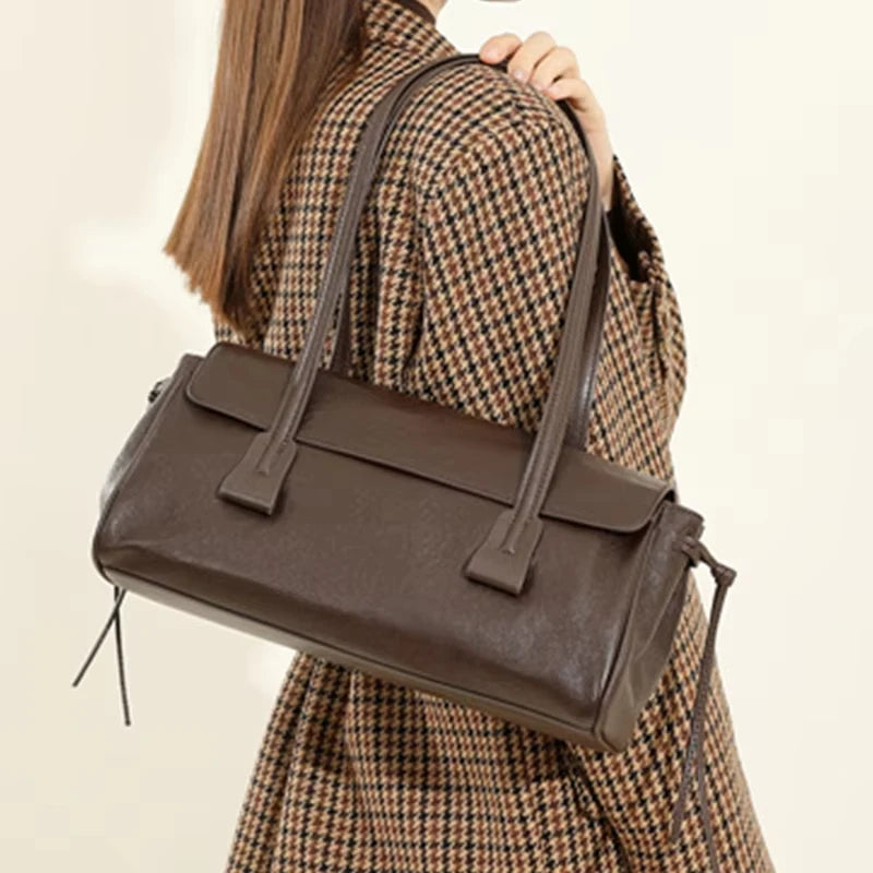 2025 New Genuine Leather Women's Shoulder Bag Large Capacity Cowhide Luxury Handbag Long Strip Black Baguette Bag Female