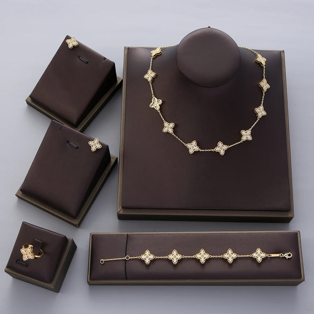 Luxury Flower Statement Necklace earring ring BraceletJewelry Set For Women Wedding Party Full Zircon Dubai Bridal jewelry N0555