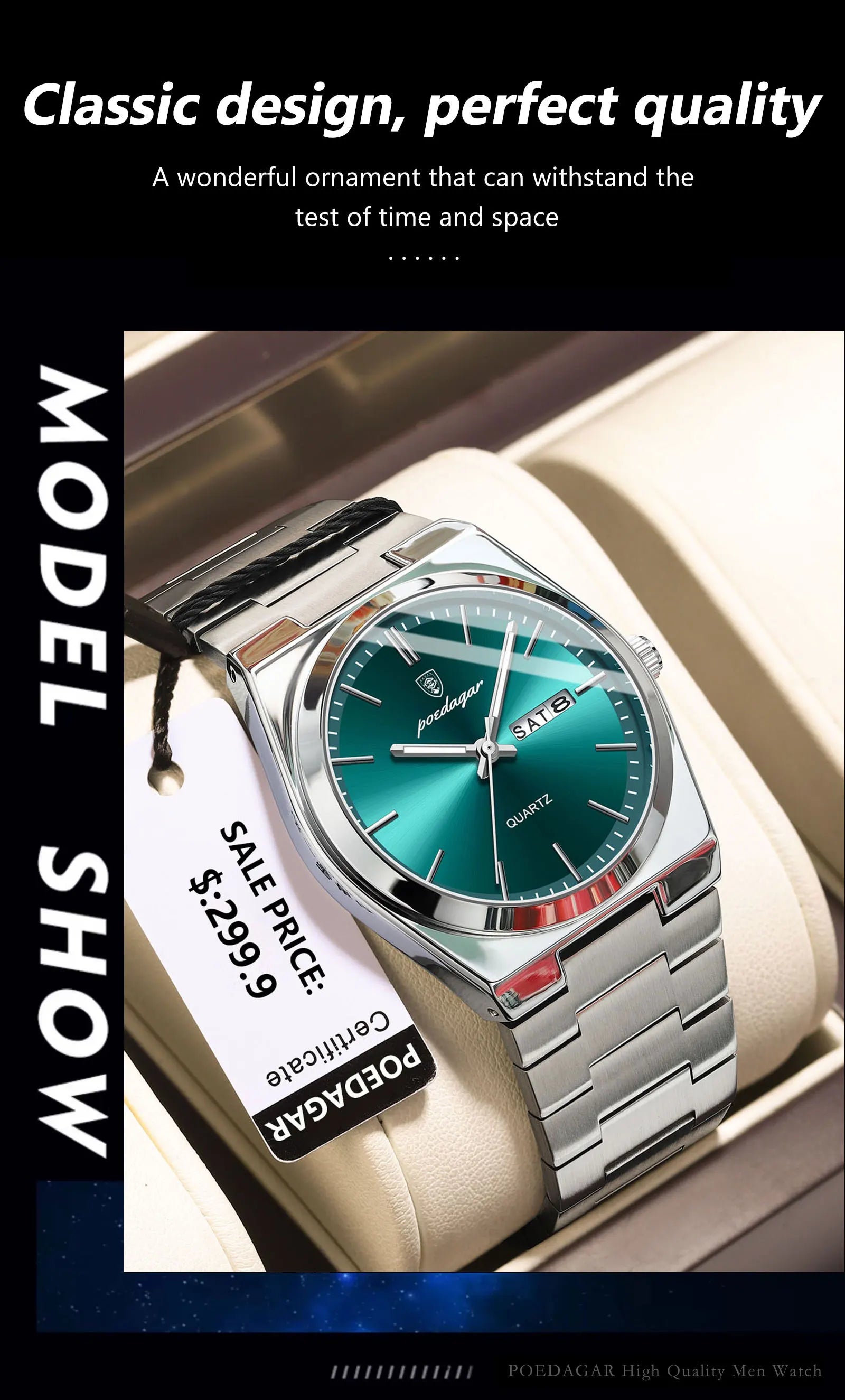 POEDAGAR Luxury Men's Watches Waterproof Luminous Date Week Men Watch Stainless Steel Casual Fashion Quartz Man Wristwatch Reloj