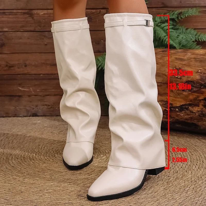 Fashion Fold Over Knee High Boots for Women Slip On Chunky High Heel Shark Boots Woman Wide Leg PU Leather Long Botas Mujer 2025
