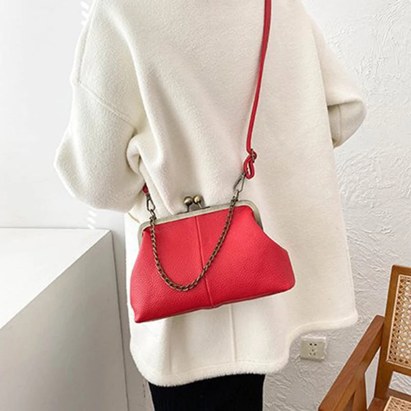 Vintage Soft Skin Shell Bag New Lychee Pattern Handbag Simple And Versatile Shoulder Bag Clip Chain Crossbody Women's Bag