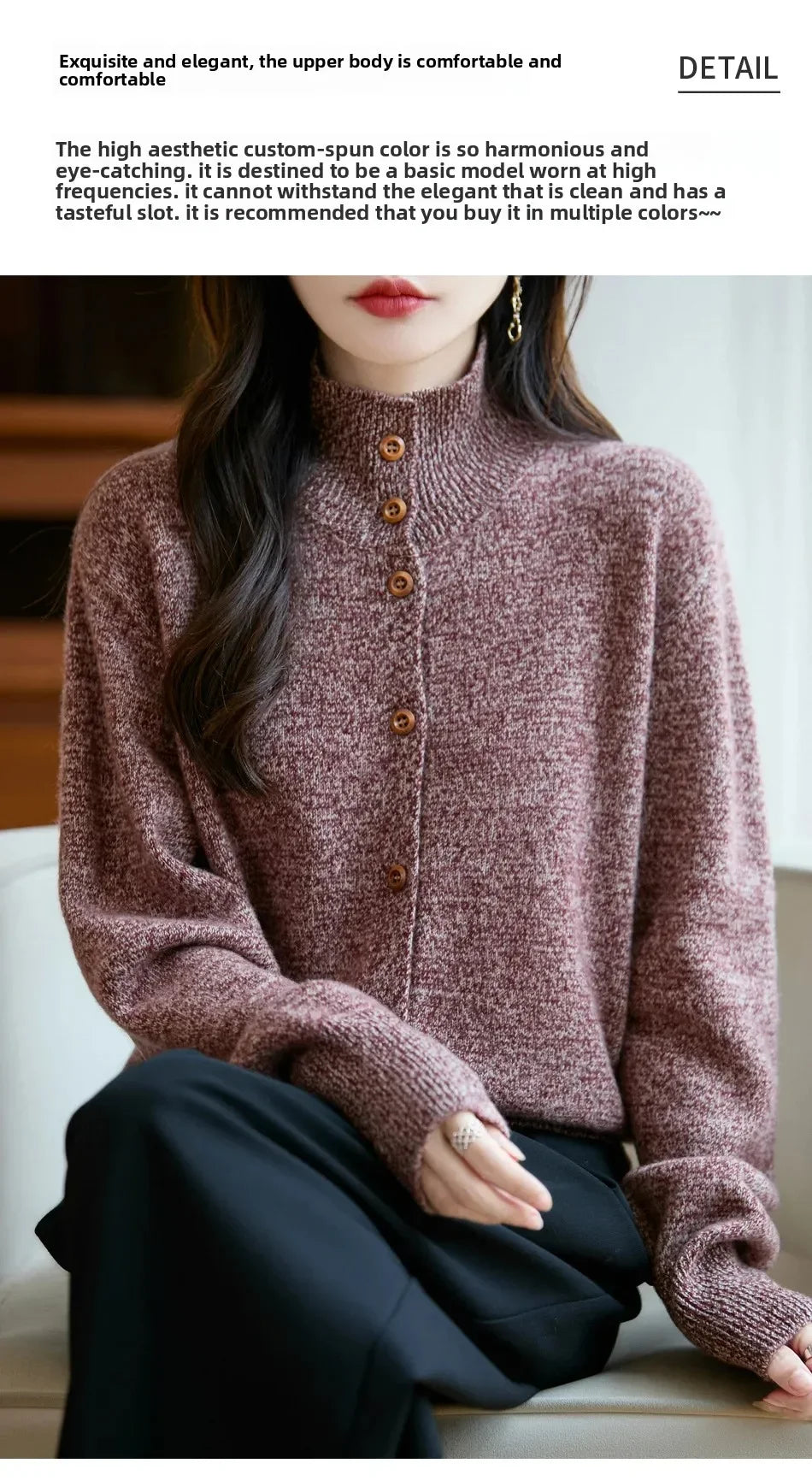 Pure Wool Thickened Knitted High Collar Sweater Coat for Women Winter Season Button up Cardigan Outerwear Floral Pattern