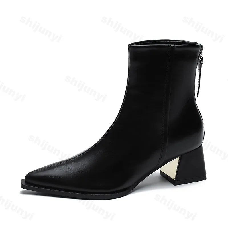 Women Artificial Leather Ankle Boots 2025 Autumn Fashion Square Heel Short Boot Ladies Casual Zipper Low Heel Shoes Botas Mujer