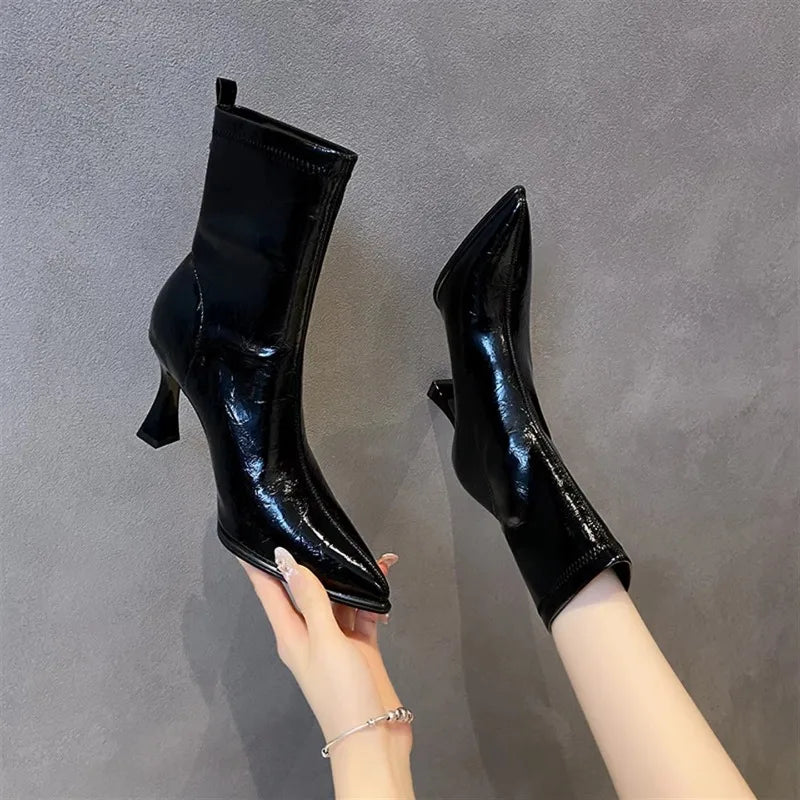Pointed Toe High Heels Elegant Women Boots Chunky Leather Shoes 2025 Winter Fashion Pumps Chelsea Boots Dress Sexy Mujer Botas