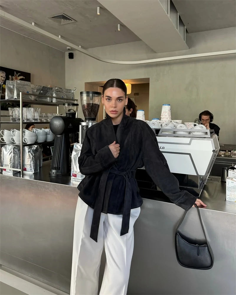 Tornova Retro Suede Long-sleeved Jacket Coat Female V neck Lace Up Jacket 2025 Autumn Winter New Commute Office Lady Outerwear