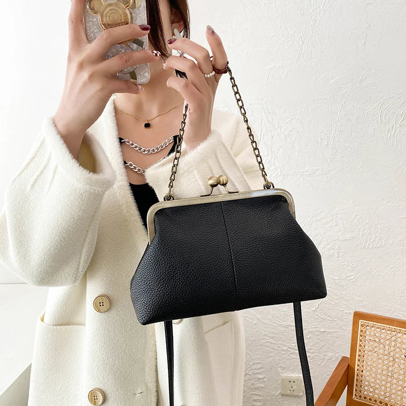 Vintage Soft Skin Shell Bag New Lychee Pattern Handbag Simple And Versatile Shoulder Bag Clip Chain Crossbody Women's Bag