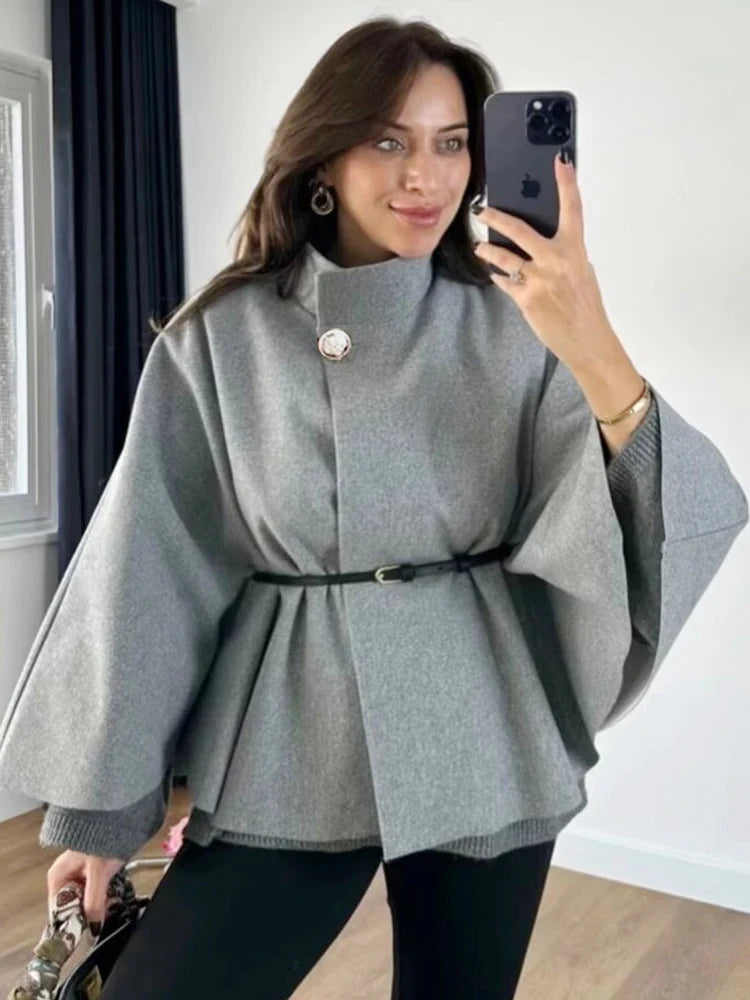 HXAO Women's Jackets Oversized Belt Tunic Jacket Autumn Winter Coat Female Red Brown Black Jacket Cropped Bat Sleeved Outerwears