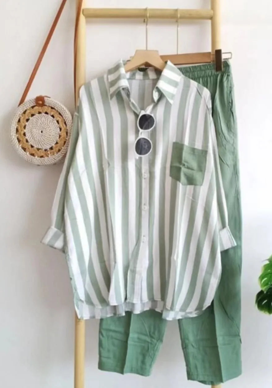 Plus Size Loose Casual Two Piece Sets Women 2025 Fashion Elegant Comfort Striped Long Sleeve Shirts And Long Pants Sportswear