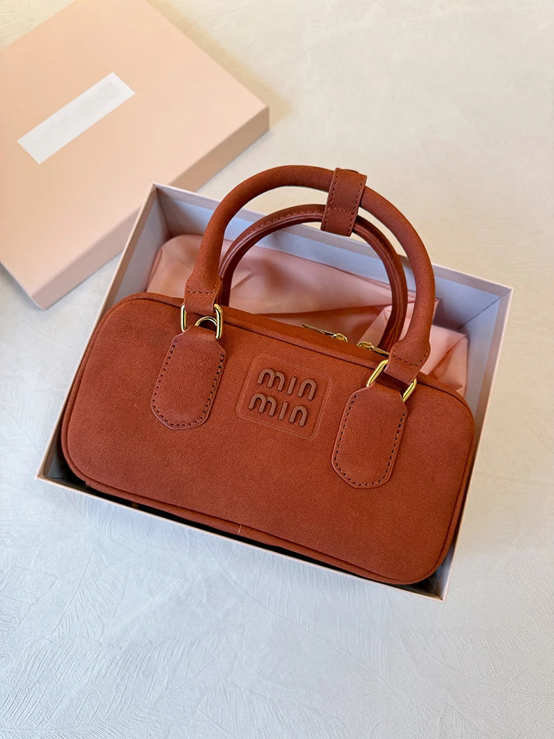 Luxury Suede Square Handbag Women's Faionable Vintage Boston Bowling Bag Soft Handle Briti Sle Casual Pure Color