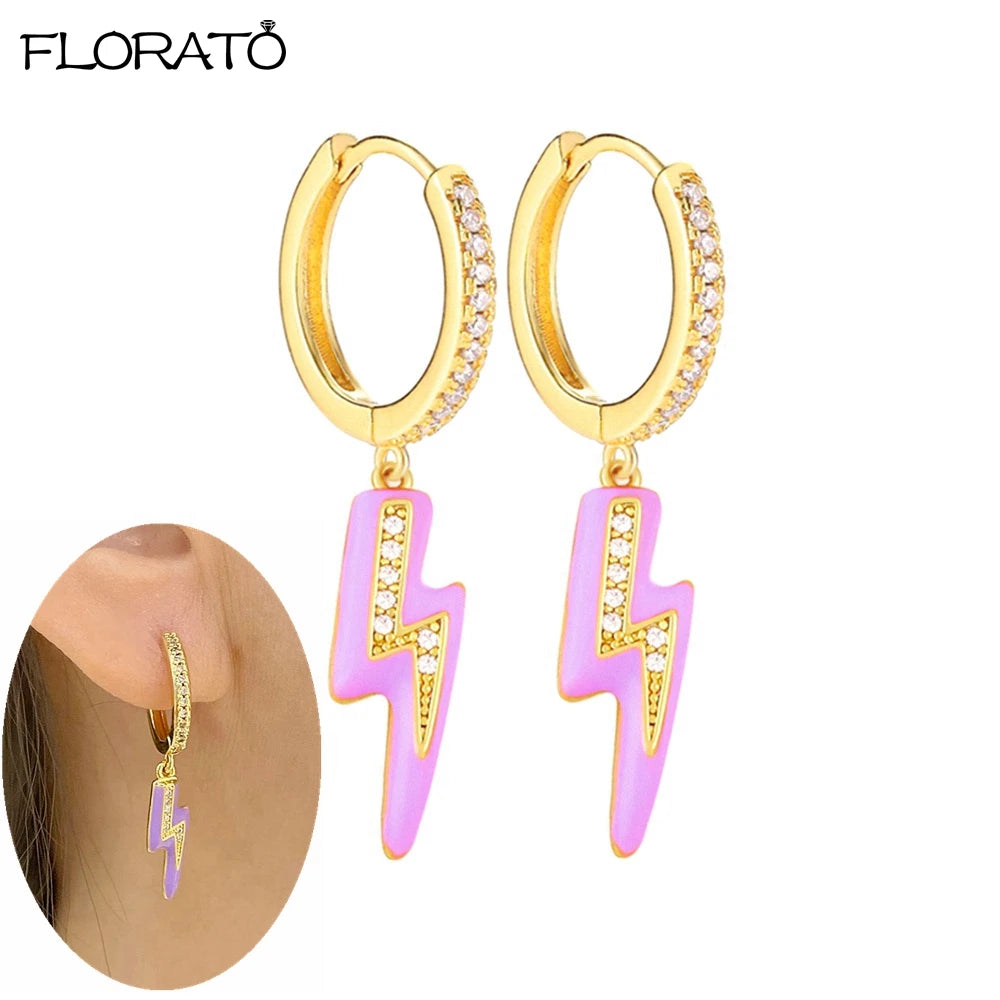 925 Sterling Silver Needle Lightning Pendant Earrings Charming Pave Crystal Gold Hoop Earrings for Women Fashion Jewelry Gifts