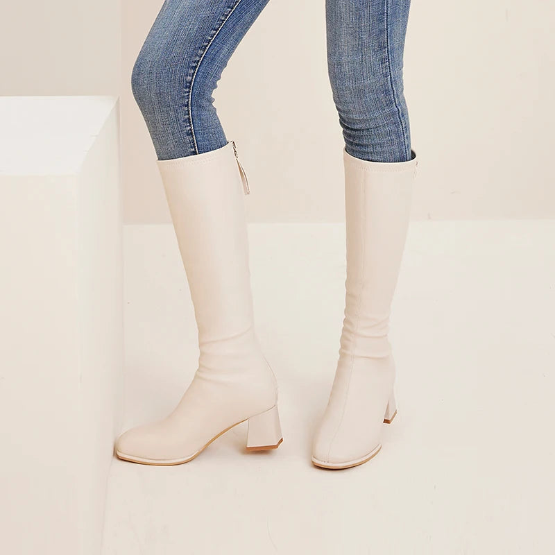 XiangXiangLi Women's Knee-High Boots with Fleece Lining Chunky Heel Long Tube Boots
