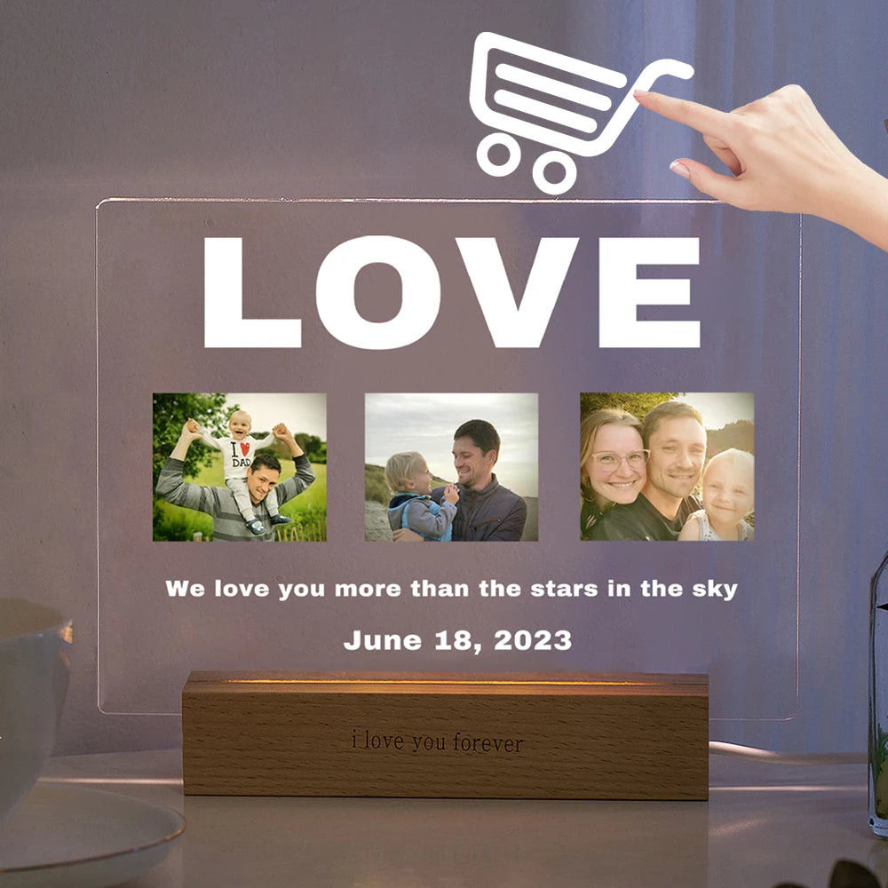 Personalized Custom Photo Text 3D Acrylic Lamp Customized Bedroom NightLight for MOM DAD LOVE Family Birthday Christmas Day Gift