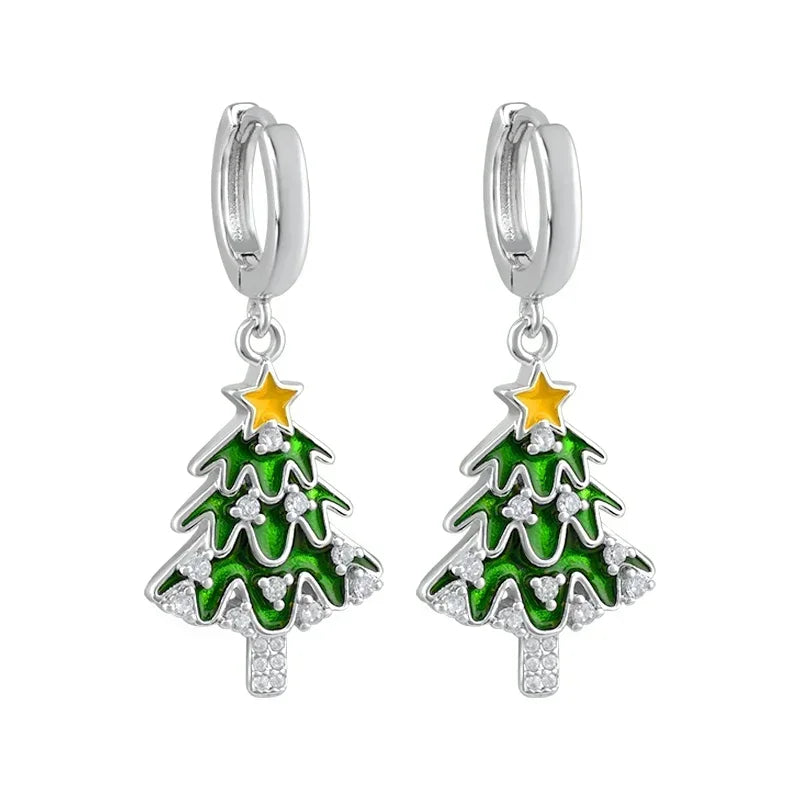 New 925 Sterling Silver Ear Needle Christmas tree/snowflake pendant Hoop Earrings For Women fashion Christmas gifts accessories