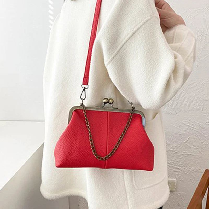 Vintage Soft Skin Shell Bag New Lychee Pattern Handbag Simple And Versatile Shoulder Bag Clip Chain Crossbody Women's Bag