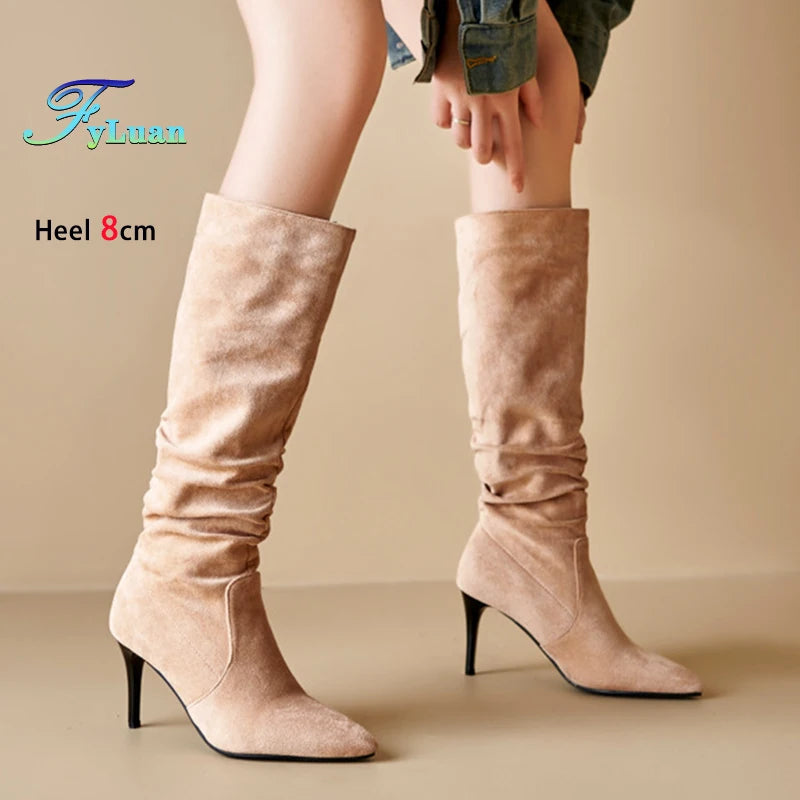 Street Style Pointy Toe Long Boots Women Stiletto Heels 8CM High Heel Winter Sexy Woman Shoes Female Suede High Boots Size 35-46