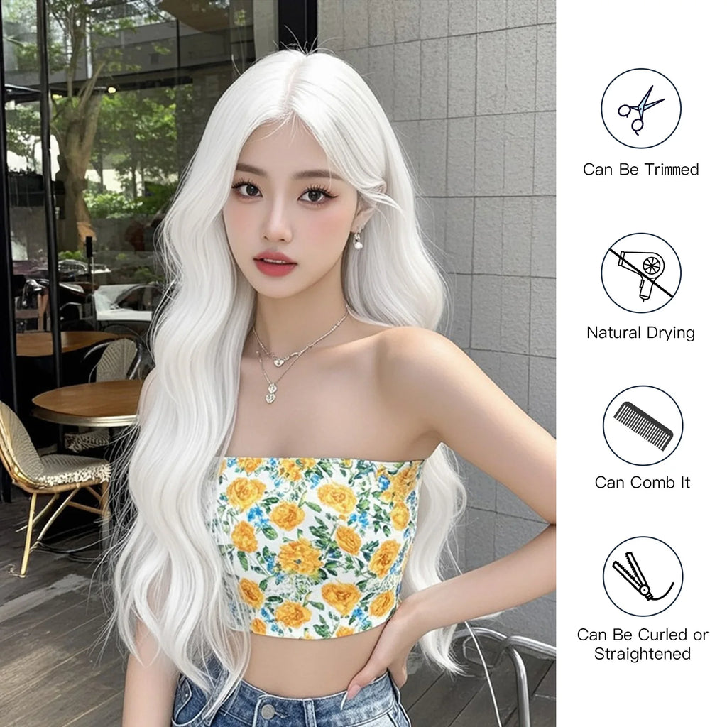 Super Long Curly Silver White Synthetic Wig Medium Part Water Wave Wigs For Women Daily Cosplay Halloween Colorfull Fake Hair