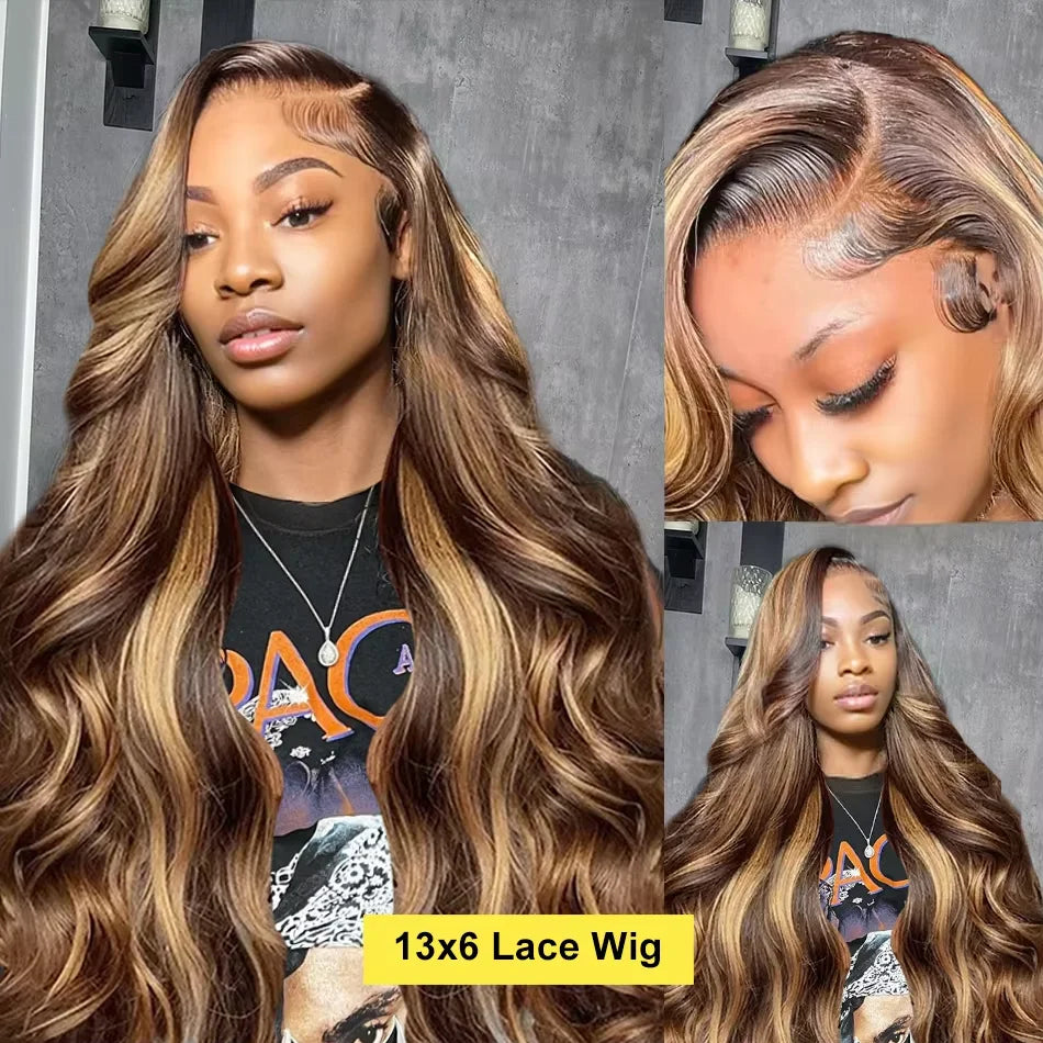 P4/27 Highlight Ombre Brown Body Wave 13x6 Human Hair Wig Honey Blonde Colored 13x4 HD Lace PrePlucked 40 46 Inch Wigs For Women
