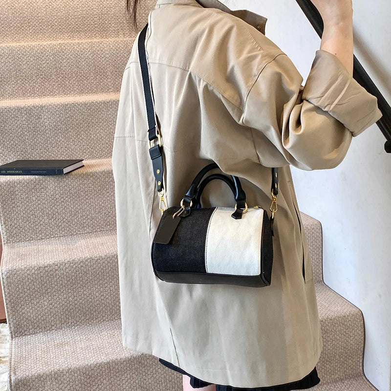 Patchwork Colorblock Mini Handbags For Women Denim Shoulder Cross Body Bags Casual Street Small Boston Bag 2024 Designer Purses