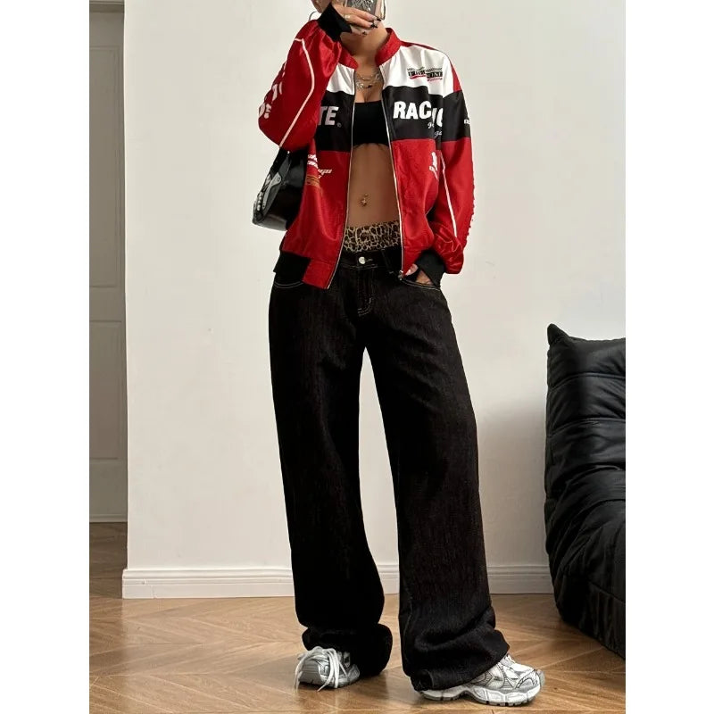 Varsity Jacket Tops Women's Patchwork Long Sleeve Racing Bomber Letterman Jackets Color Block Y2k Outerwear Vintage Streetwear