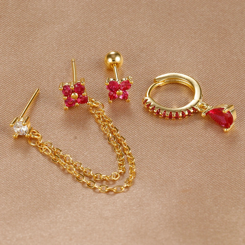 3PCS Set Stainless Steel Crystal CZ Butterfly Ear Stud Earring Gold Plated Pendant Water Drop Cartilage Earring Piercing Jewelry