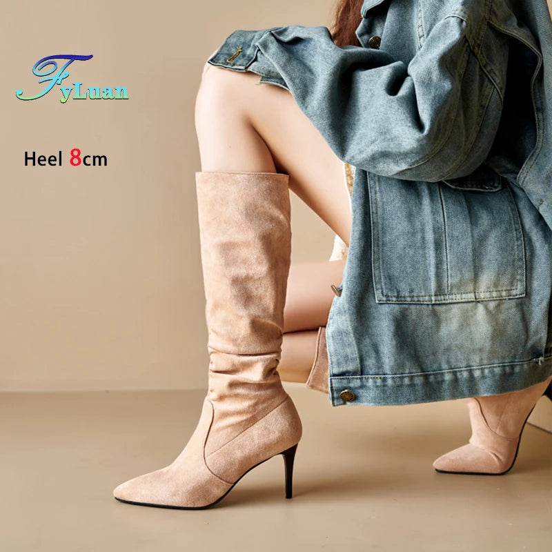 Street Style Pointy Toe Long Boots Women Stiletto Heels 8CM High Heel Winter Sexy Woman Shoes Female Suede High Boots Size 35-46
