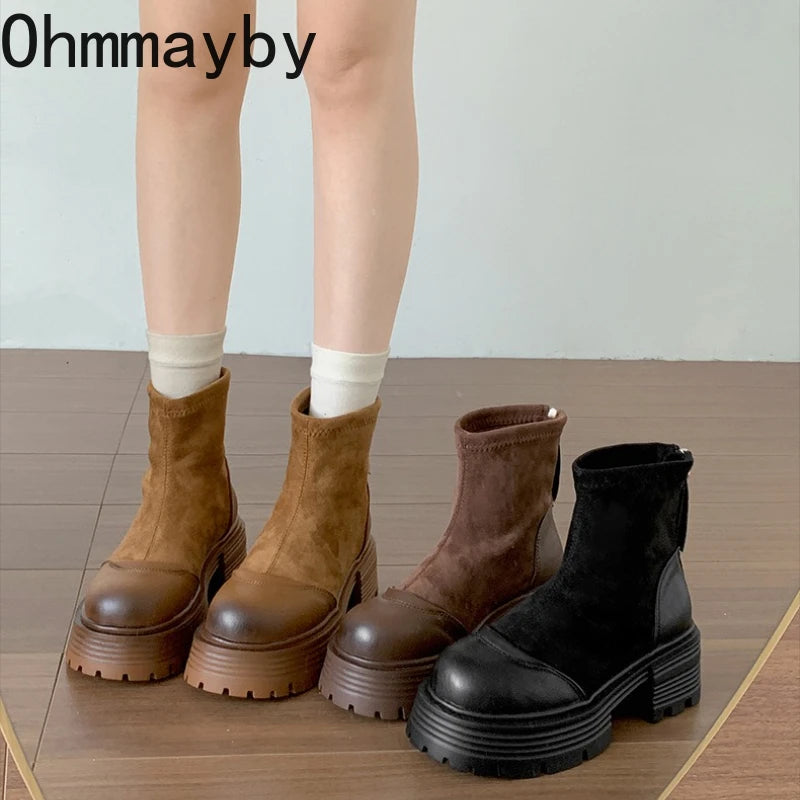 Vintage Platform Thick Sole Woman Ankle Boots Design Back Zippers Shoes Autumn Winter Slim Height Increase Short Botas