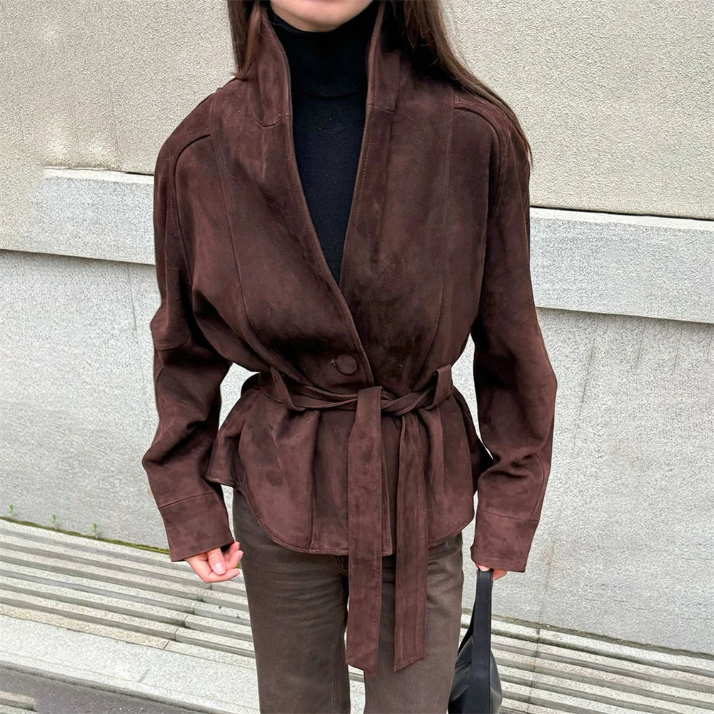 Tornova Retro Suede Long-sleeved Jacket Coat Female V neck Lace Up Jacket 2025 Autumn Winter New Commute Office Lady Outerwear