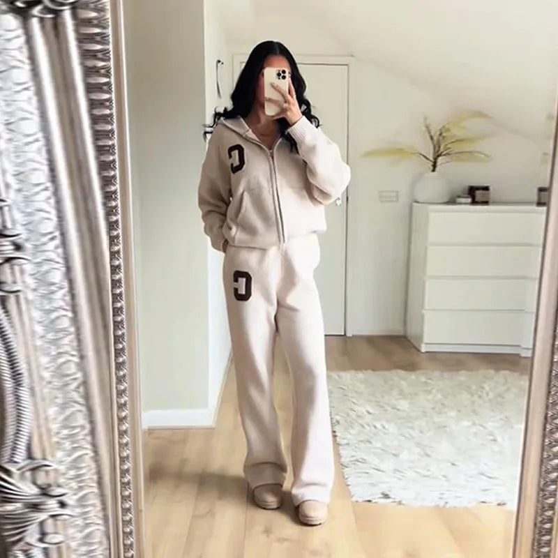 Knitted Women's Pant Sets Hooded Long Sleeve Dropped Shoulder Zipper Female Jacket Solid Elastic Waist Straight Pants For Ladies