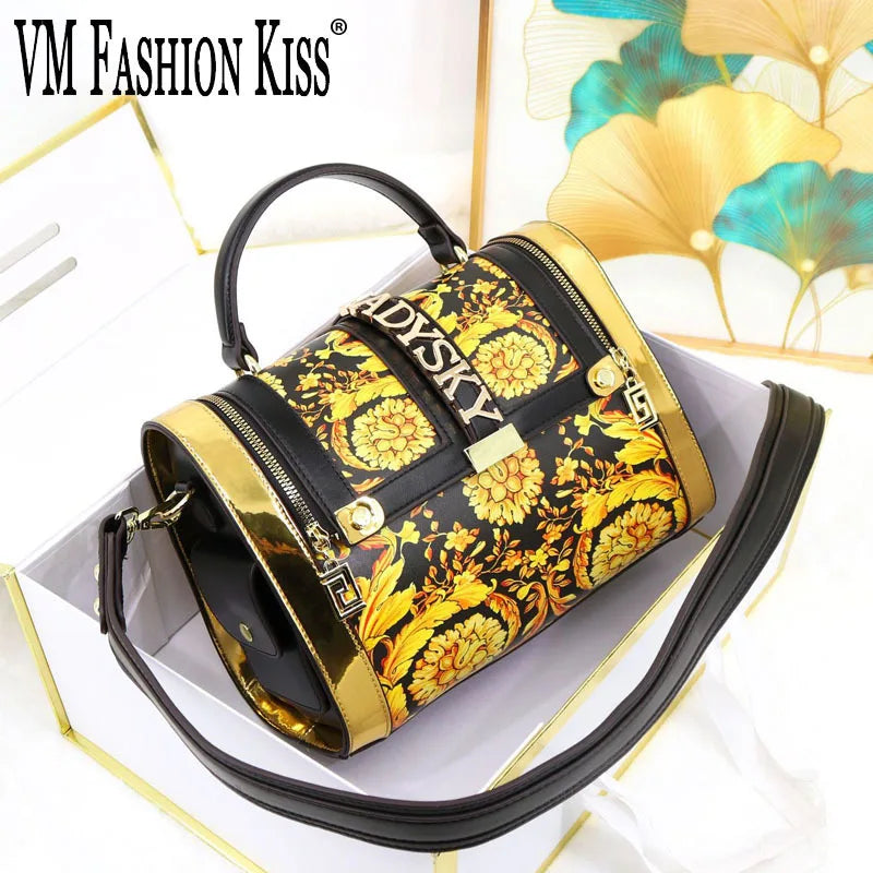 Women Boston Bag Printed Pattern Handbag Large Capacity Shoulder Crossbody Bag Double Zipper Half Cover Style Top Top Handle Bag