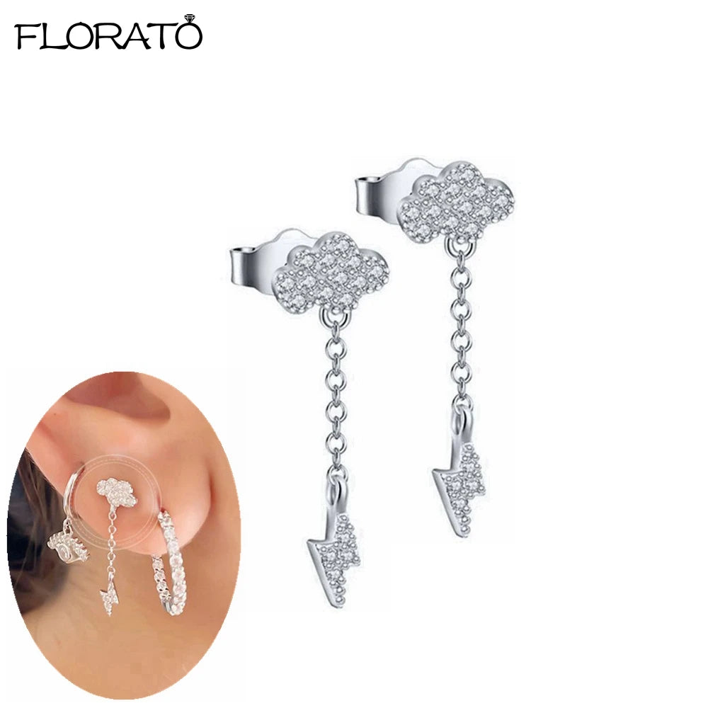 925 Sterling Silver Needle Lightning Pendant Earrings Charming Pave Crystal Gold Hoop Earrings for Women Fashion Jewelry Gifts