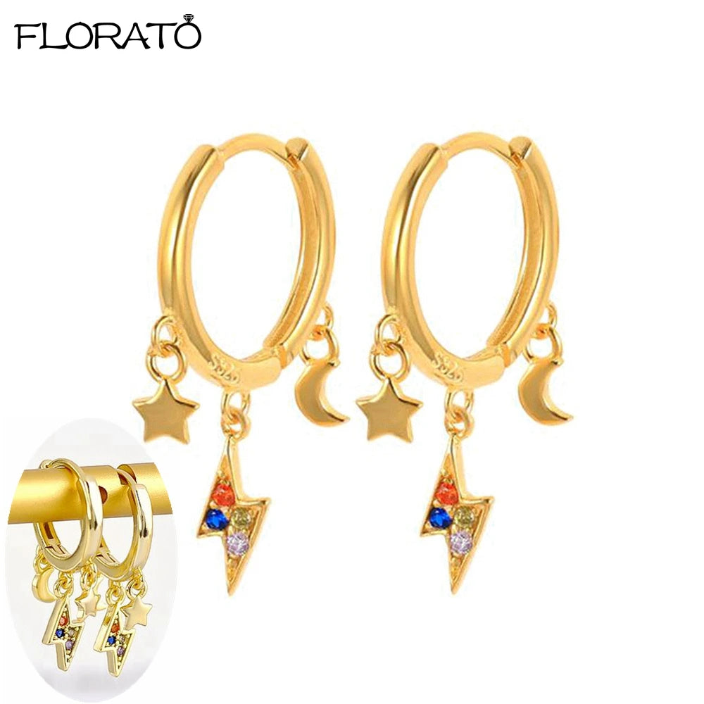 925 Sterling Silver Needle Lightning Pendant Earrings Charming Pave Crystal Gold Hoop Earrings for Women Fashion Jewelry Gifts