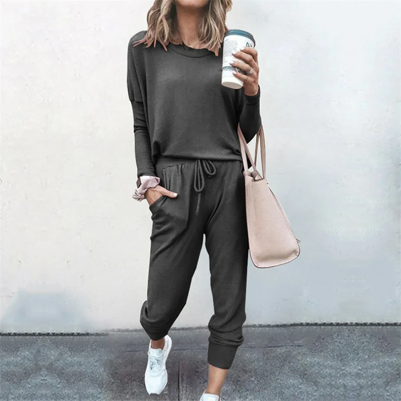 Hot Women's Long Sleeve Round Neck Top and Pants Set Simple Solid Colour Pajama Set Casual O Neck Two Piece Outfit