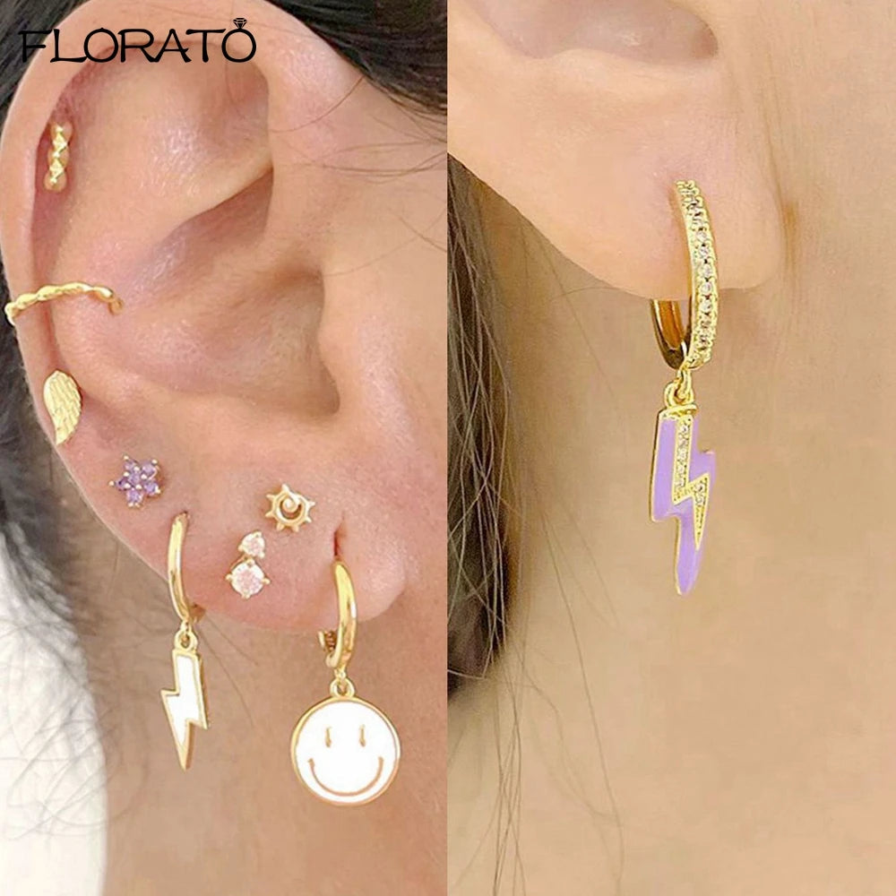 925 Sterling Silver Needle Lightning Pendant Earrings Charming Pave Crystal Gold Hoop Earrings for Women Fashion Jewelry Gifts