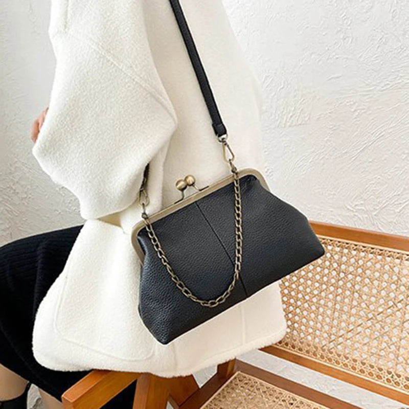 Vintage Soft Skin Shell Bag New Lychee Pattern Handbag Simple And Versatile Shoulder Bag Clip Chain Crossbody Women's Bag