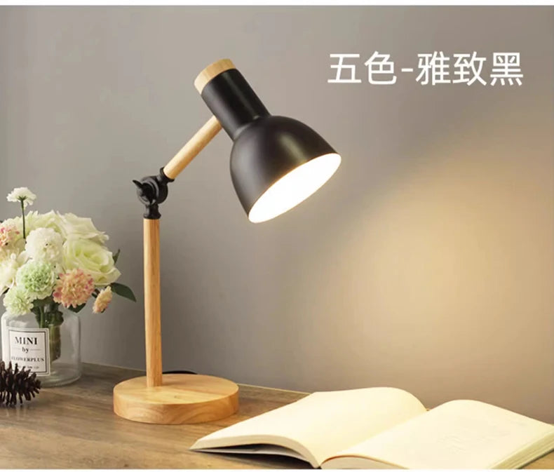 Creative Nordic Table Lamp Wooden Art LED Turn Head Simple Bedside Desk Light/Eye Protection Reading&Bedroom Study Lamp