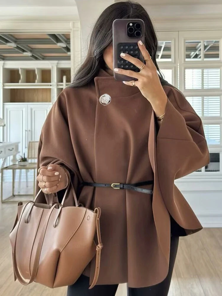 HXAO Women's Jackets Oversized Belt Tunic Jacket Autumn Winter Coat Female Red Brown Black Jacket Cropped Bat Sleeved Outerwears