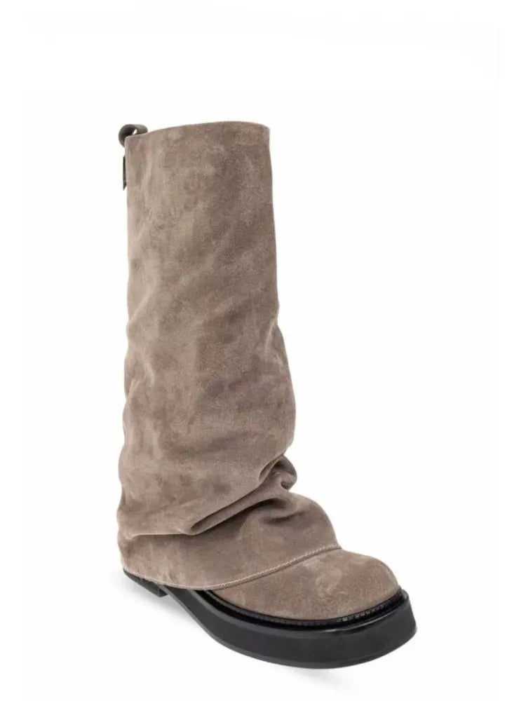 Women's New Autumn and Winter Calf Boots with Pleated Thick High Heels and Fashionable Oversized Street Leather Mid Leg Boots