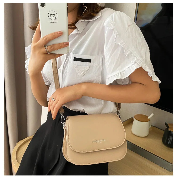 Trendy Saddle Shoulder Bag Women PU Leather Crossbody Bag Simple Solid Color Flap Messenger Bag Fashion Handbags Pouch