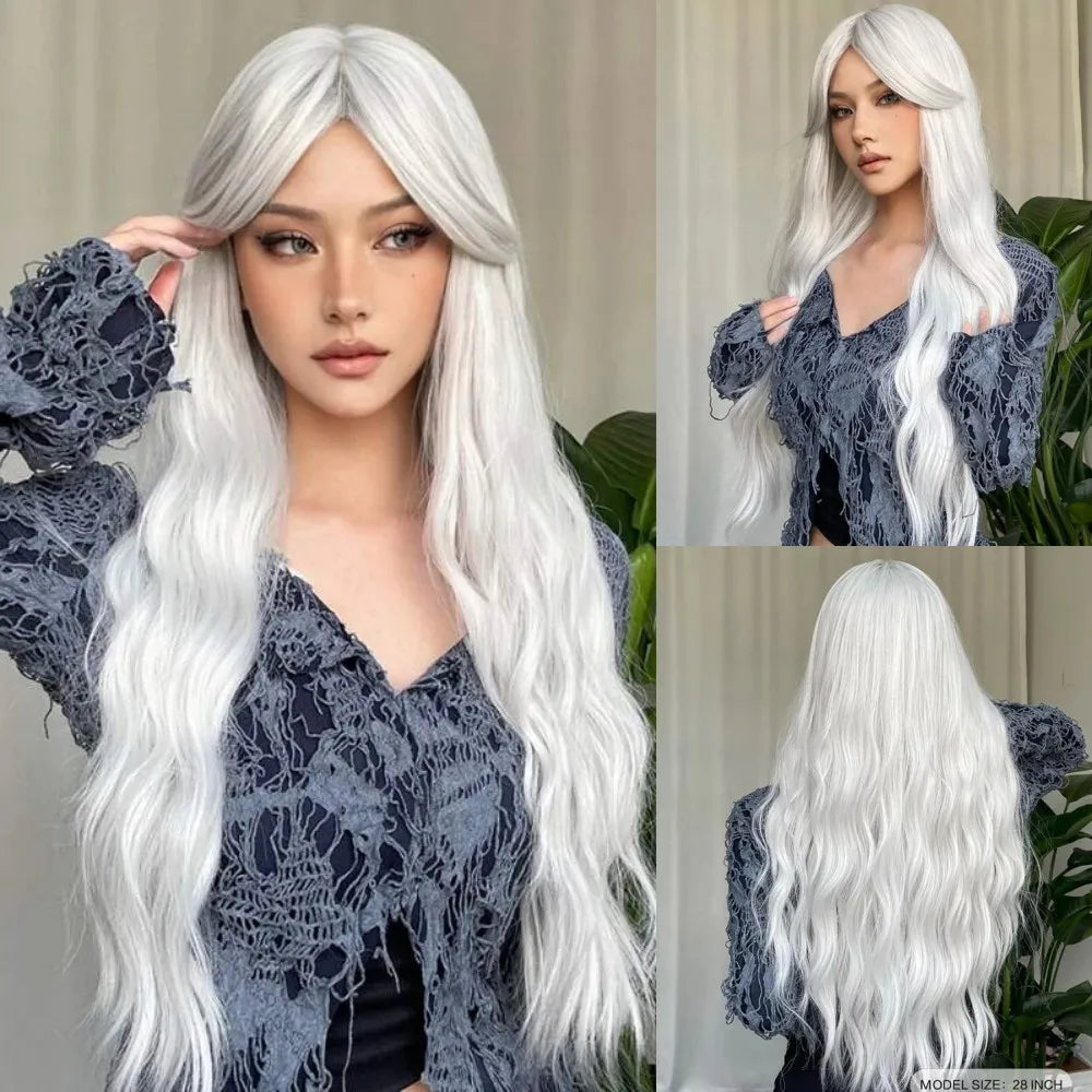 Super Long Curly Silver White Synthetic Wig Medium Part Water Wave Wigs For Women Daily Cosplay Halloween Colorfull Fake Hair