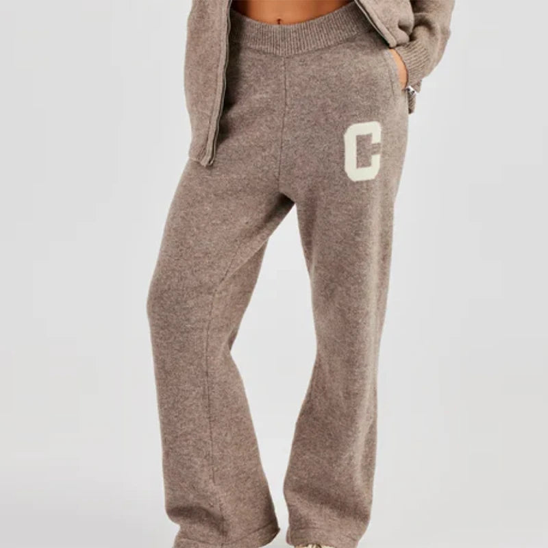 Knitted Women's Pant Sets Hooded Long Sleeve Dropped Shoulder Zipper Female Jacket Solid Elastic Waist Straight Pants For Ladies