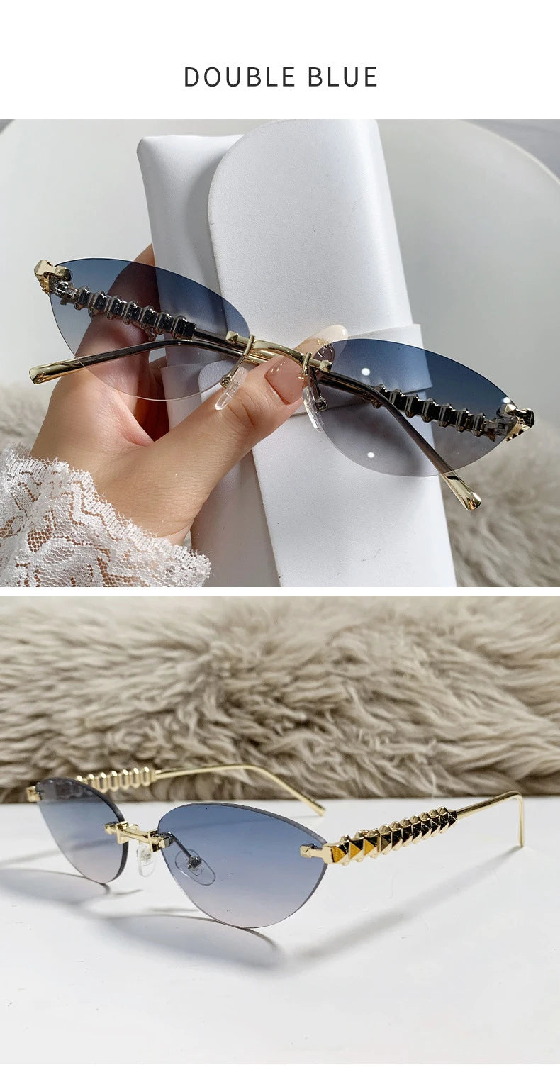 New Cat Eye Rivet Rimless Sunglasses Women Luxury Fashion Brand Oval Narrow Sun Glasses Shades Trendy Elegant Unique Eyewear