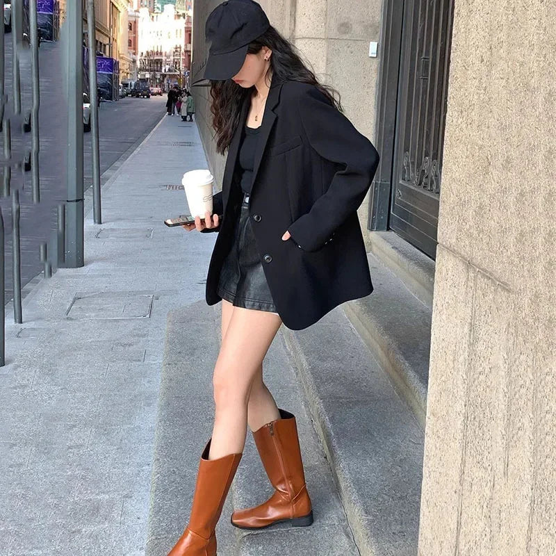 Autumn Winter Black Blazers for Women Fashion Streetwear Single-Breasted Small Suit Jacket Casual Loose Long Sleeve Outerwear