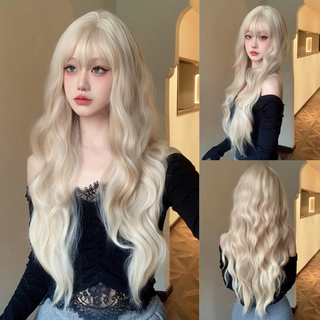 Platinum 613 Blonde Wig Long Wavy Synthetic Wig with Bangs Curly Mixed Golden for Women Cosplay Party Daily Use Heat Resistant