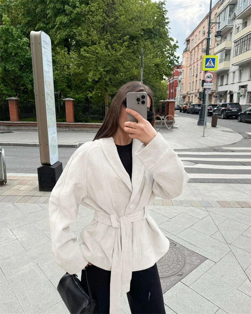 Tornova Retro Suede Long-sleeved Jacket Coat Female V neck Lace Up Jacket 2025 Autumn Winter New Commute Office Lady Outerwear